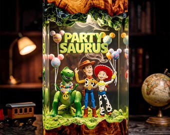 Animated Cowboy Couple & Party Dinosaur Resin Lamp, Celebration Adventure Decor, Handmade Collectible, Gift for Fans