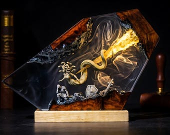 Lámpara de resina con la diosa serpiente Medusa de piedra, luz nocturna LED inspirada en películas y mitos, decoración de belleza fantástica, regalo de leyenda griega para fans.