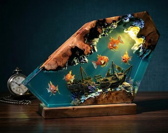 Manatee Octopus Epoxy Resin Night Light with Diver Jellyfish Sea Turtle, Deep Ocean Scene, Marine Creatures Lamp, Fathers Day Gift
