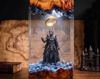 Dark Armored Hero Resin Lamp, Ring of Fire Fantasy Diorama, Movie Inspired Night Light, Unique Gift for Fantasy Fans and Collectors