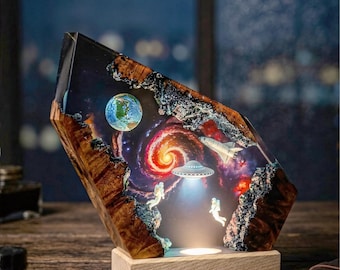 Handmade Interstellar Wood Lamp: Astronaut & Galaxy Resin Art, UFO Spaceship Lamp, Resin Night Light, Custom Gift