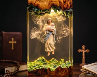 Lámpara de resina con la imagen de Jesús y el Cordero, acogedora luz nocturna cristiana, decoración espiritual, regalo religioso significativo para familiares y amigos.
