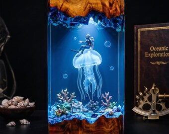 Giant Jellyfish Resin Lamp, Calm Scuba Diver and Coral Garden Diorama, Deep Ocean Night Light, Perfect Gift for Diving and Ocean Fans