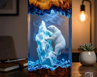 Polar Bear Resin Lamp with Iceberg Scene, Arctic Wildlife Night Light, Unique Gift for Nature and Travel Lovers, Father's Day gifts