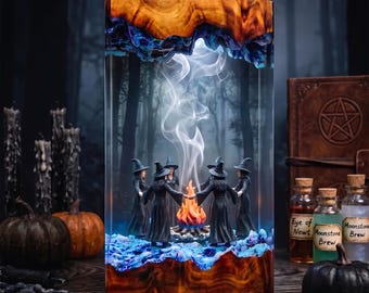 Black Witches Resin Lamp, Enchanted Woodland Ritual Around a Glowing Bonfire, Fantasy Night Light for Movie and Story Fans