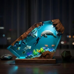 Puede incluir: Una pieza de arte de resina única que presenta una escena submarina con un manatí, un buzo y diversa vida marina. La obra de arte está encerrada en resina azul transparente con un marco y base de madera, creando un efecto 3D.