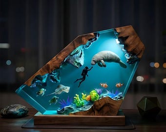Lámpara de noche de resina epoxi con forma de manatí y pulpo, con medusas buceadoras y tortugas marinas, escena de las profundidades oceánicas, lámpara de criaturas marinas, regalo para el Día del Padre