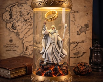 LOTR, Mystic Ring Resin Wood Lamp, White Robed Wizard and Legendary Adventure Diorama, Fantasy Movie Fan Collectible Light