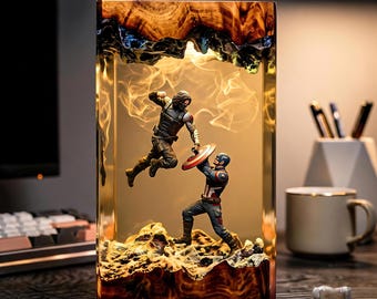 Super Soldier Shield Epoxy Lamp Patriotic Hero Duo with Iron Arm Theme, Cool Desk Lamp, Unique Movie Fan Gift for Him