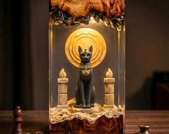 Black Egyptian Cat Resin Lamp, Bastet Statue Night Light, Epoxy Wood Desk Decor Gift for Fantasy Movie Fans and Egyptian Art Collectors