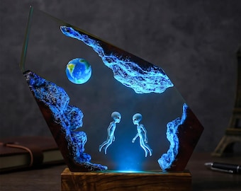 Alien Resin Lamp with Earth and Fantasy Galaxy Scene, UFO Night Light, Sci-Fi Desk Decor, Space Lover Gift