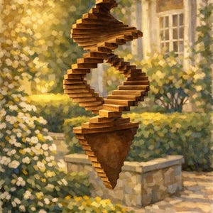 May include: A brown wooden spiral sculpture suspended from a gold chain. The sculpture, with its stepped design, creates a spiral form. It is set against a garden backdrop, suggesting outdoor use.