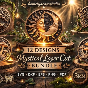 Puede incluir: Una colección de diseños de madera cortados con láser con temas místicos. Los diseños incluyen un árbol de la vida, el sol y la luna, una mariposa y setas. La imagen también incluye el texto "12 Designs Mystical Laser Cut Bundle" e iconos de tipo de archivo.