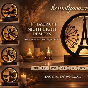 Può includere: Una collezione di design di luci notturne tagliate al laser. L'immagine mostra vari design circolari con sagome di una nave, cavalli, una ballerina, un astronauta, un gatto, una persona che legge, un lupo e la Torre Eiffel. Le luci sono esposte su una mensola.