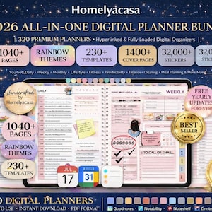 Può includere: Pacchetto di pianificazione digitale 2026 con oltre 1040 pagine, temi arcobaleno e oltre 230 modelli. Include 320 pianificatori digitali, adesivi e copertine. Con layout giornalieri, settimanali e mensili e strumenti organizzativi.