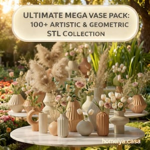 Puede incluir: Una colección de jarrones artísticos y geométricos de diversas formas y colores, llenos de flores y hierba de la pampa. Los jarrones se exhiben sobre una mesa de mármol blanco. El texto en la imagen dice: "ULTIMATE MEGA VASE PACK: 100+ ARTISTIC & GEOMETRIC STL COLLECTION."