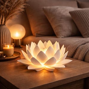 Può includere: Una lampada bianca a forma di fiore di loto con petali illuminati è appoggiata su un tavolo di legno. La lampada è il punto focale, che emana un bagliore caldo. Sono visibili anche una candela accesa e una piccola lampada rotonda.