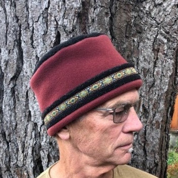 ALPINE SKI HAT Pillbox Hat Bavarian Tyrolean Hat Berber and Brick Red Fleece with Jacquard Ribbon Adult sizes