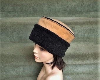 CAMEL PILLBOX HAT Fleece with Black Berber Lining Adult Sizes