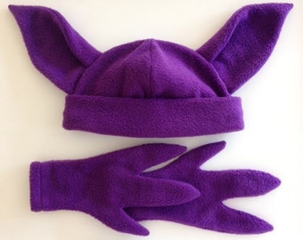 MONSTER GOBLIN PURPLE Hat with Ears and Glove Set Fleece Adult and Child sizes in a lighter purple