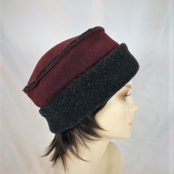 POLAR FLEECE PILLBOX Burgundy and Black Berber Lined Adult Sizes and Assorted Colors