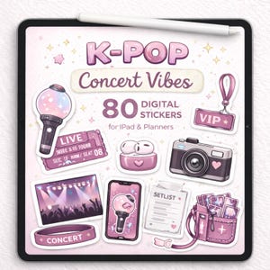 Può includere: Un set di adesivi digitali a tema K-Pop, con grafiche relative ai concerti come un light stick, un biglietto del concerto, una fotocamera e un pass VIP. Il set include 80 adesivi digitali per iPad e planner. Il testo "K-POP Concert Vibes" è visualizzato.