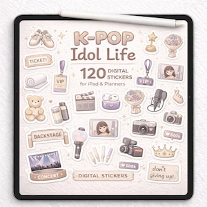 Pode incluir: Uma coleção de autocolantes digitais com o tema K-Pop Idol Life, projetados para iPads e planejadores. A imagem apresenta várias ilustrações, incluindo um palco de concerto, um microfone, uma câmera e uma coroa. O texto inclui "K-Pop Idol Life" e "120 autocolantes digitais".