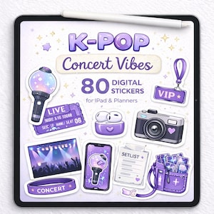 Puede incluir: Un conjunto de pegatinas digitales para iPad y planificadores con temática de concierto de K-Pop. Las pegatinas incluyen una entrada de concierto, una insignia VIP, una cámara, una lista de canciones y una bolsa morada. El texto dice "K-Pop Concert Vibes" y "80 pegatinas digitales".