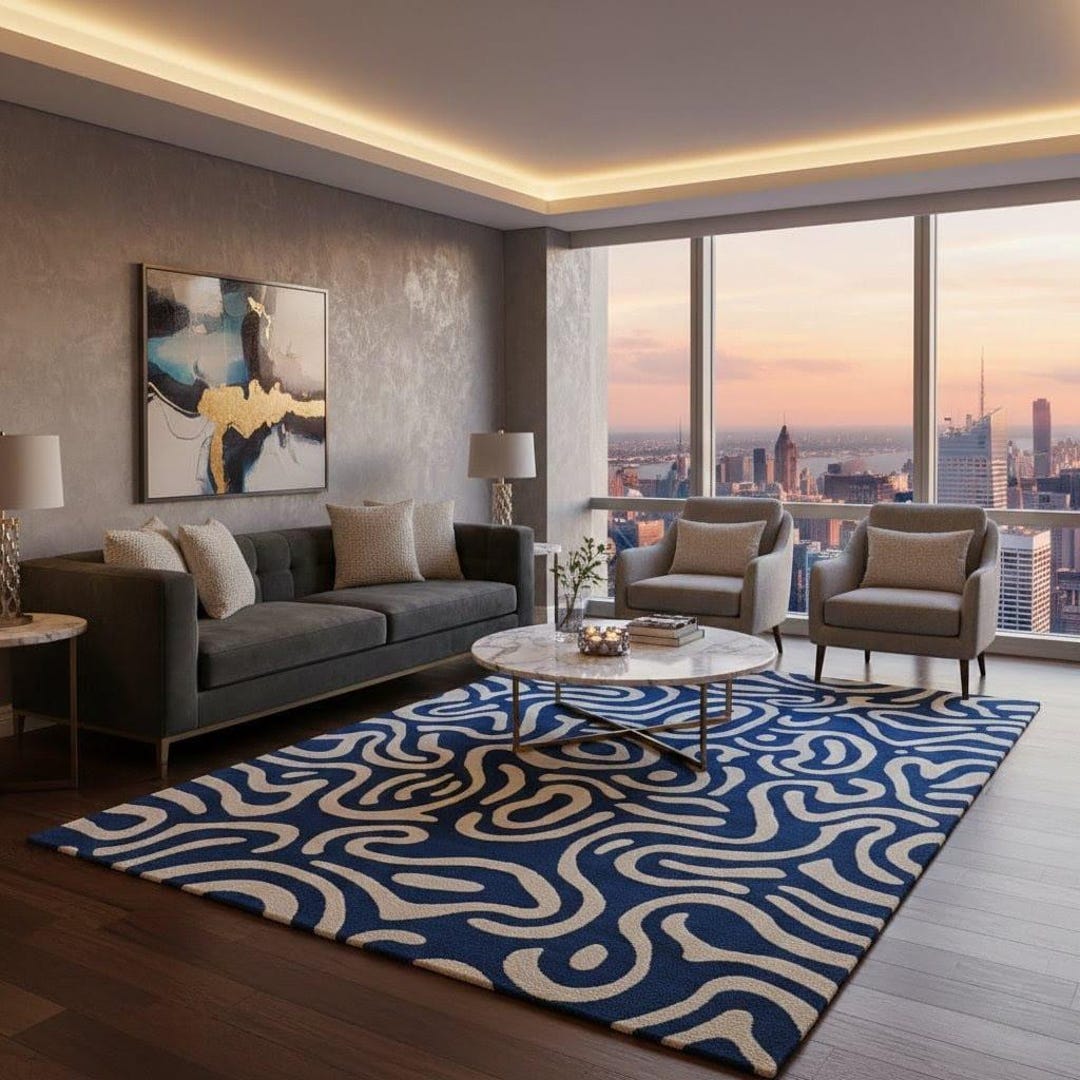 Modern Abstract Blue & Cream Hand Tufted Area Rug–contemporary Wavy ...