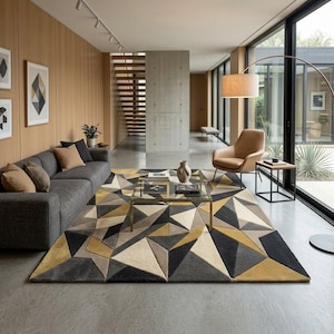 Modern Geometric Area Rug – Abstract Triangle Pattern in Gold, Black & Beige Luxury Carpet