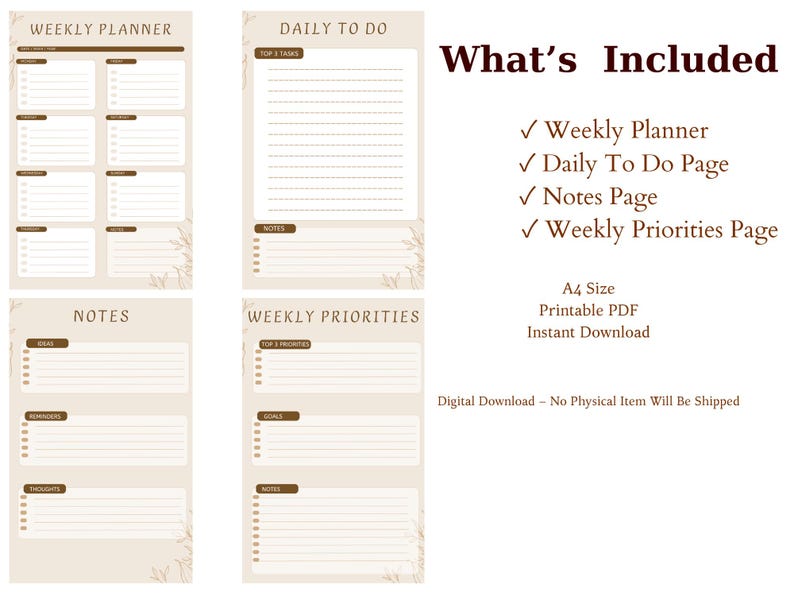 Digital Weekly Planner Printable, Daily to Do List, Notes Page, Weekly ...