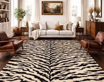 Zebra Print Hand Tufted Wool Rug – Modern Animal Print Area Rug, Black And Ivory Statement Carpet For Living Room & Bedroom Decor