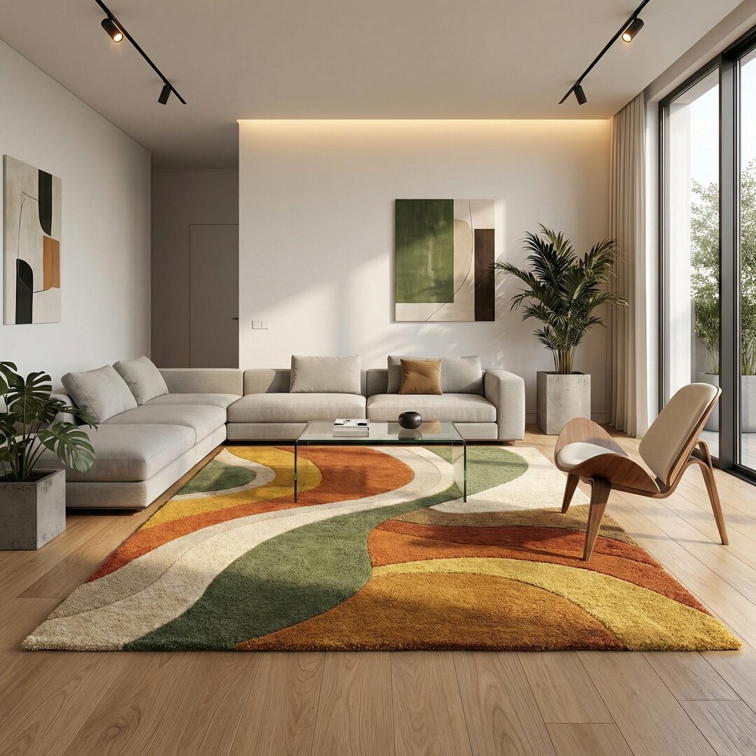 Hand Tufted Boho Abstract Area Rug, Mid Century Modern Wave Wool Living ...