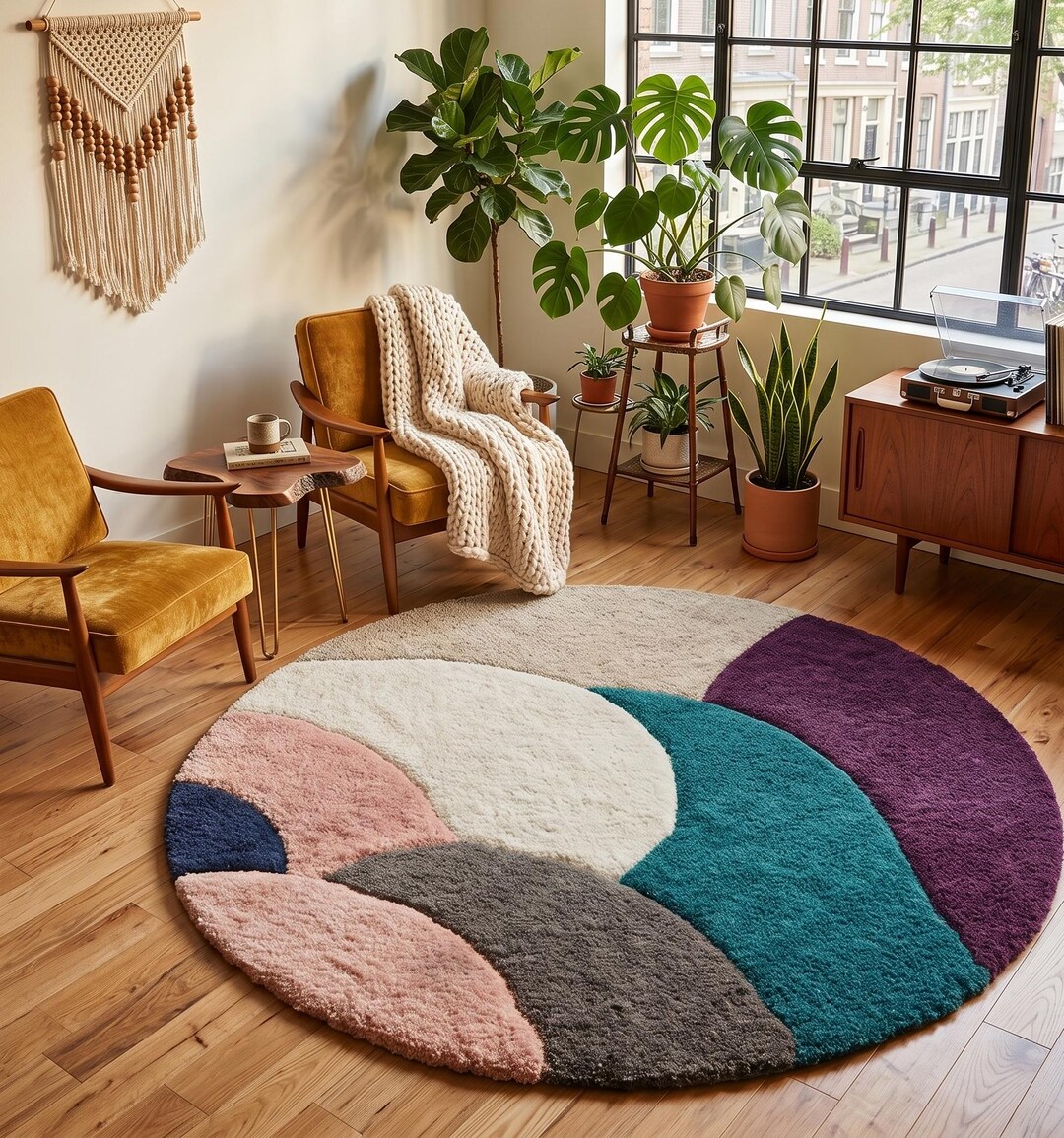 Hand Tufted Wool Abstract Geometric Round Rug | Modern Boho Mid Century ...