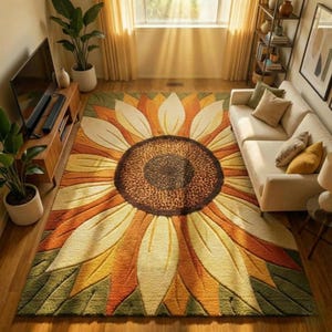 May include: A large rectangular area rug featuring a prominent sunflower design with a dark brown center, surrounded by layered petals in shades of yellow, orange, and cream, with dark green accents at the corners, covering the floor space.