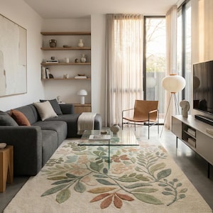 Handmade Tufted Botanical Rug, Floral Leaf Pattern Area Rug, Neutral Modern Living Room Decor