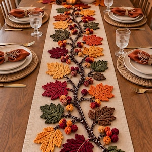 Patrón de camino de mesa de ganchillo con diseño de hojas y bayas otoñales, decoración de otoño (descarga en PDF)