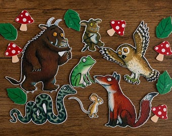 Decorazione per torta a tema Gruffalò, decorazioni commestibili per torte a tema bosco - Fogli di glassa con personaggi, funghi e foglie, set personalizzabile