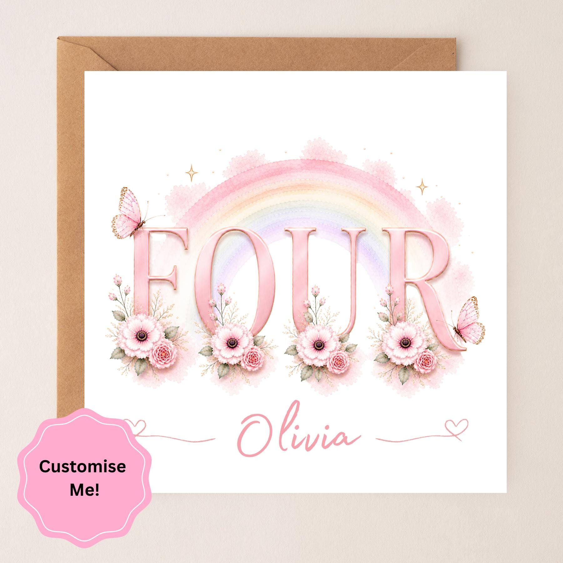 Personalised Rainbow Butterfly Birthday Card Age 4, Daughter ...