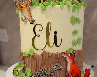 Adorno de Gruffalo, Set de animales del bosque / Cartulina dorada con efecto espejo / Nombre y edad personalizados, 9 piezas
