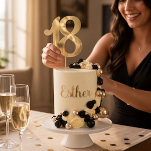 Juego de adornos para pastel de edad, dije con nombre en letra cursiva elegante, exhibición de número a juego / tarjeta de espejo dorado / se adapta a pasteles de 6 a 8 pulgadas.