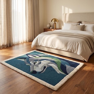 Puede incluir: Una alfombra rectangular con un diseño geométrico estilizado de una cabeza de lobo en tonos azul verdoso, azul marino, gris claro y blanco. La alfombra tiene un borde grueso y texturizado de color crema y una superficie de pelo suave.
