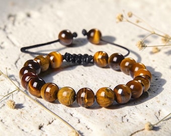 Beaded Bracelet Unisex, Goldish Brown Stone Bracelet, Adjustable Couples Bead Bracelet, Natural Stone Beaded Bracelet for Men and Women