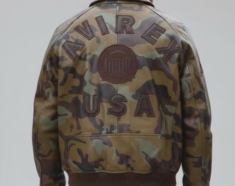 Avirex USA Icon Camo Grüne Lederjacke, echte Cowsoft Bomberjacke, Streetwear Fashion Oberbekleidung