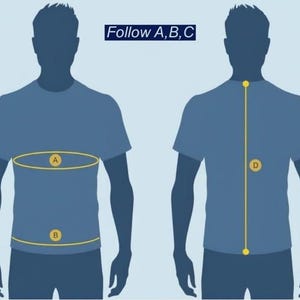 K&ouml;nnte beinhalten: Zwei blaue Silhouetten einer Person, die ein T-Shirt tr&auml;gt, mit gelben Messlinien und dem Text "Follow A, B, C". Das Bild ist eine Anleitung zum Messen des K&ouml;rpers f&uuml;r Kleidung.