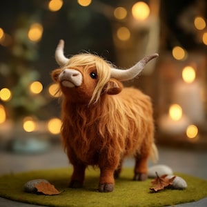 Jolie vache des Highlands feutrée à l'aiguille - Figurine animale en laine faite main, mini vache de ferme, décoration Cottagecore, feutre doux à collectionner, cadeau animal unique