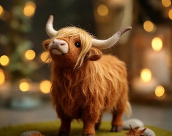 Süße Nadel gefilzte Highland Kuh Wolle Figur, Mini Bauernhof Kuh, Cottagecore Decor, Weiches Filz Sammlerstück