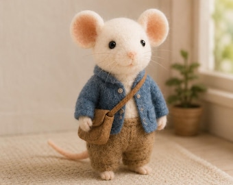 Cute Felted Bakery Mouse, Handmade Needle Felt Animal, Tiny Chef Mouse Figurine, Cottagecore Kitchen Decor, Mini Wool Sculpture