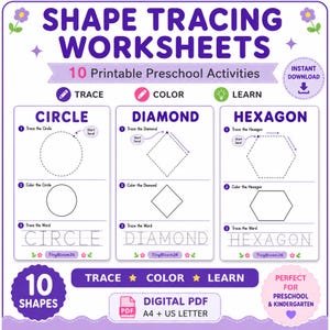 May include: A set of 10 printable shape tracing worksheets for preschool activities. The document features sections for tracing, coloring, and learning shapes like circles, diamonds, and hexagons. It includes text for A4 and US Letter digital PDF formats.
