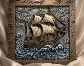 Nautical Tall Ship Relief STL File | 3D Model CNC Router & 3D Printer | Wall Decor
